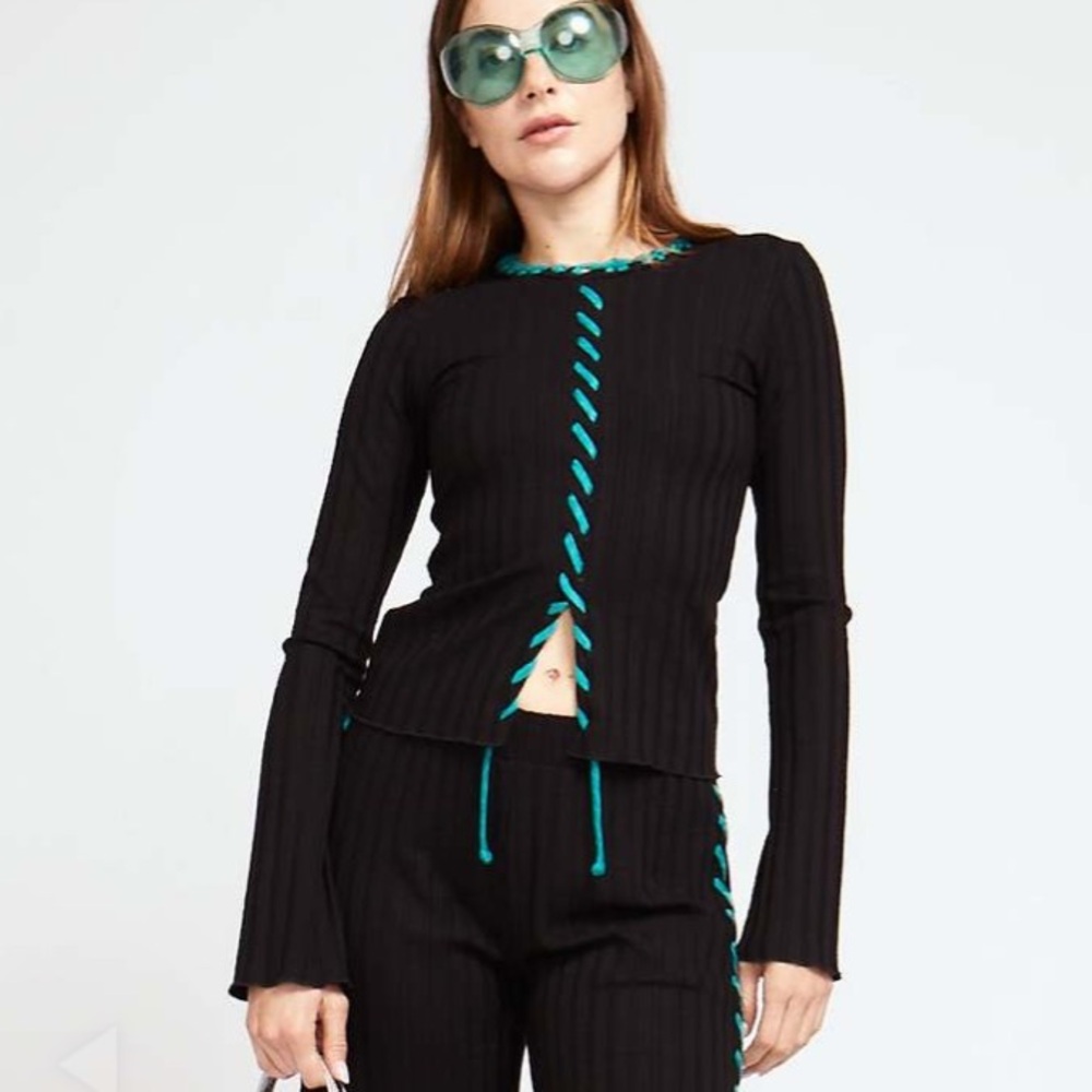 Simon Miller Long Sleeve Devola Top Ribbed Knit Black Large New